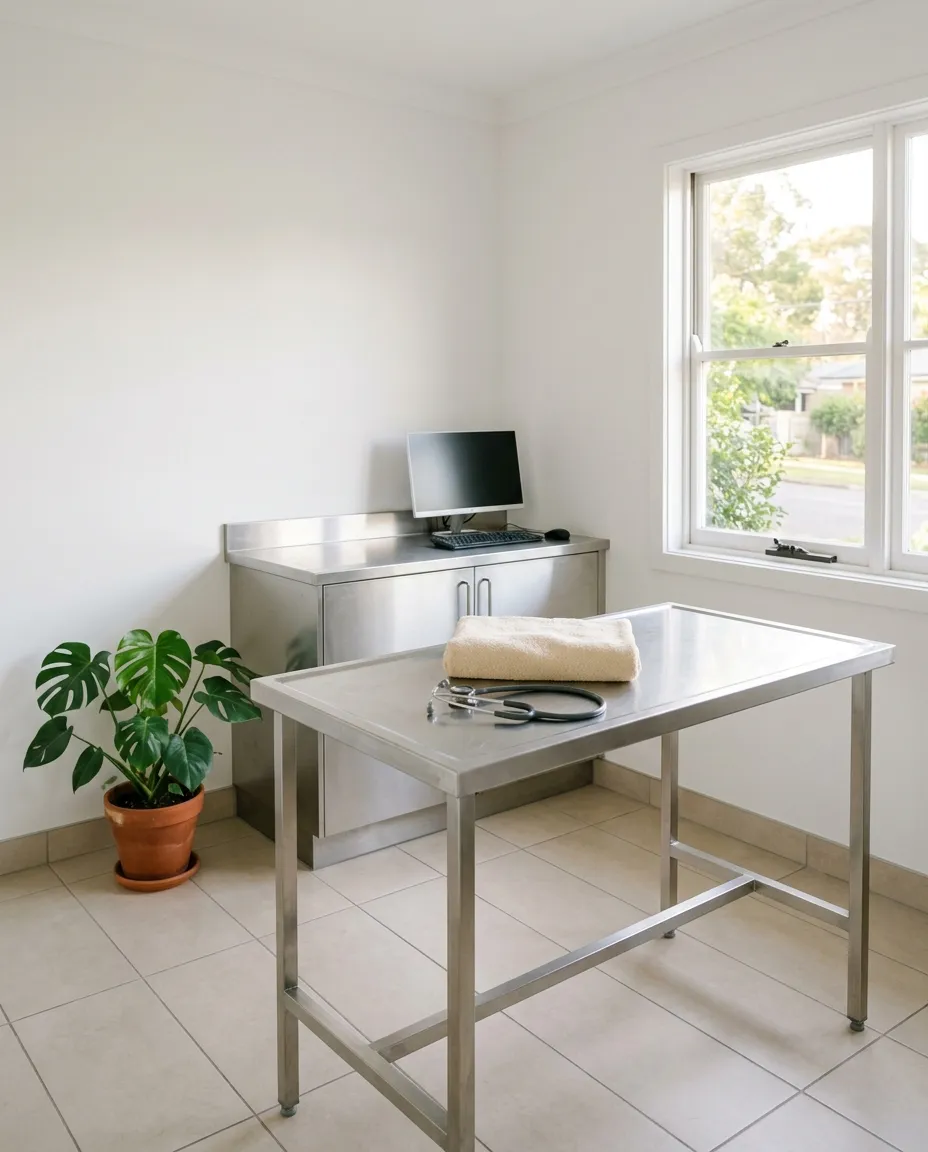 O interior de um consultório veterinário pequeno e luminoso, com mesa em inox