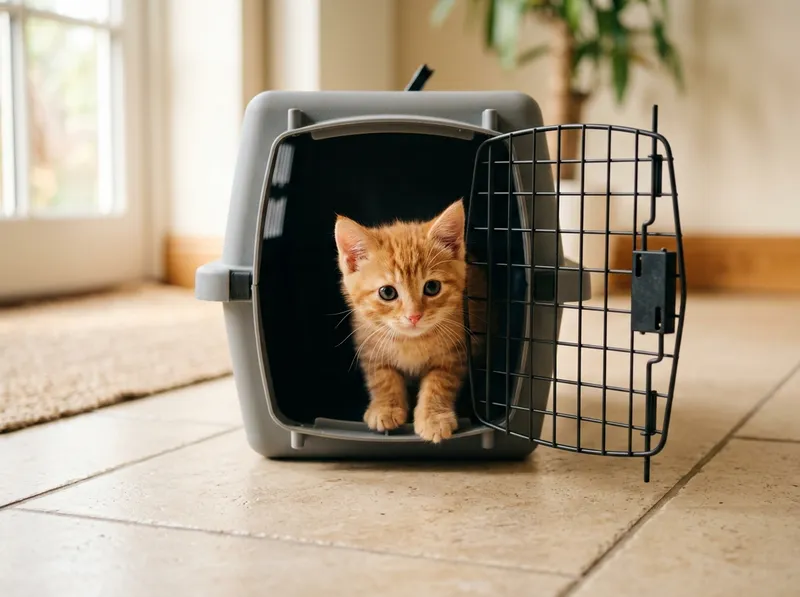 Um gatinho a espreitar de uma transportadora