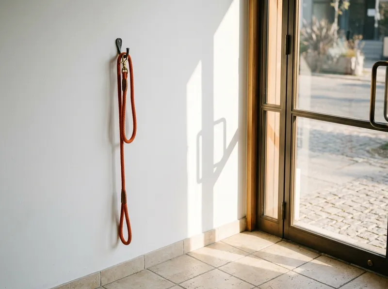 Uma trela pendurada junto à porta da clínica