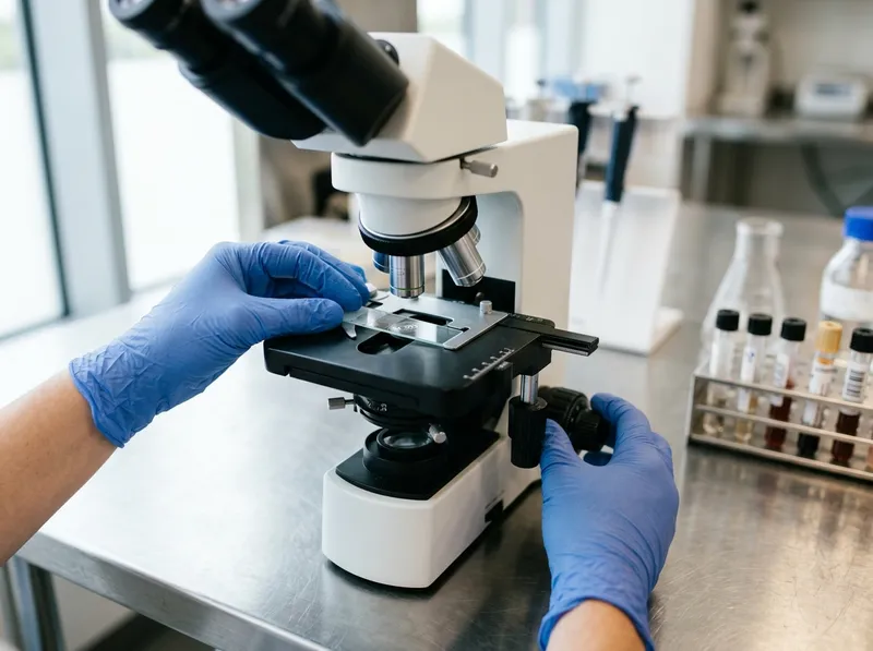 Uma lâmina de microscópio a ser preparada na bancada do laboratório