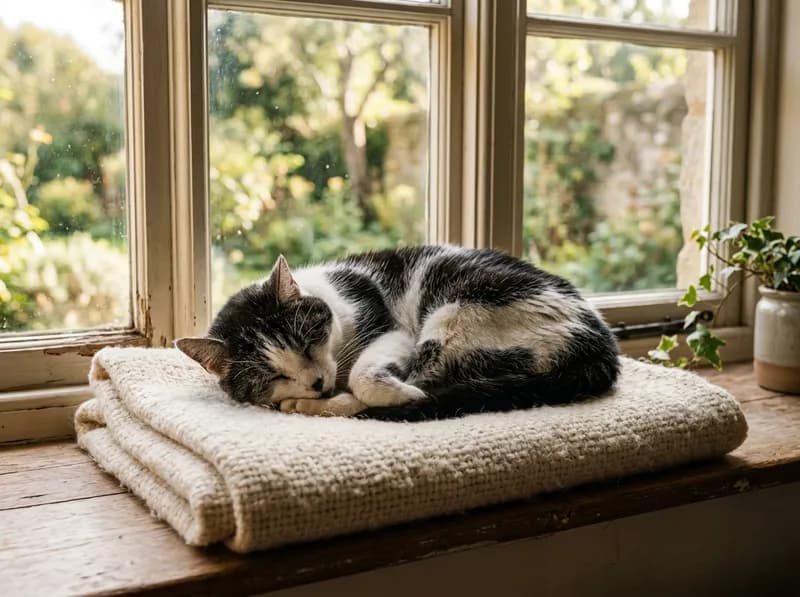 Um gato velho a dormir numa manta dobrada
