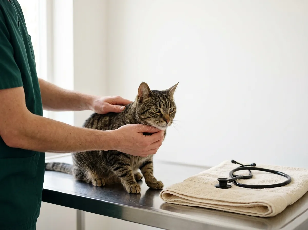 As mãos de um veterinário a examinar com cuidado um gato tigrado numa mesa de consulta em inox