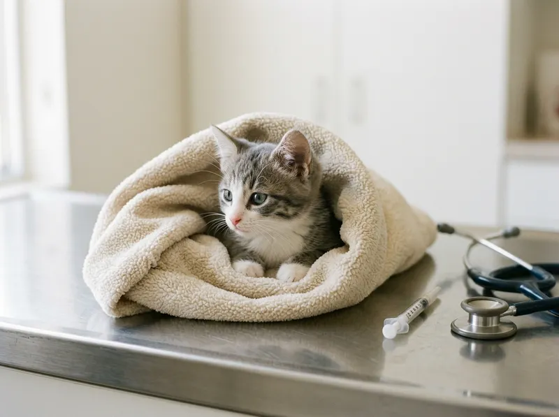 Um gatinho pequeno embrulhado numa toalha numa mesa de consulta, com um estetoscópio ao lado